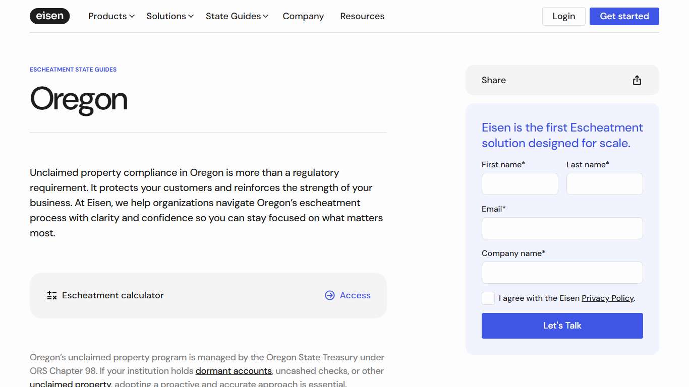 Oregon Escheatment Guide | Eisen